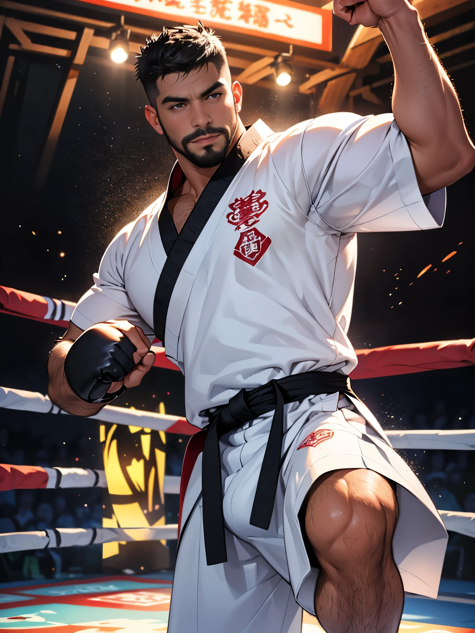 sexy mature daddy, tanned skin, big bump, darker skin, stubble, muscular, best quality, masterpiece, ultra high resolution, Detailed background, Realism, illustration, single, 1 boy, torii, muscle, Volumetric lighting, depth of field, beard, flow, White clothes, black belt, light particles, huge bulge, starry sky, martial artist, flow sweat, short black hair, perfect eyes, barefoot,Boxing pose