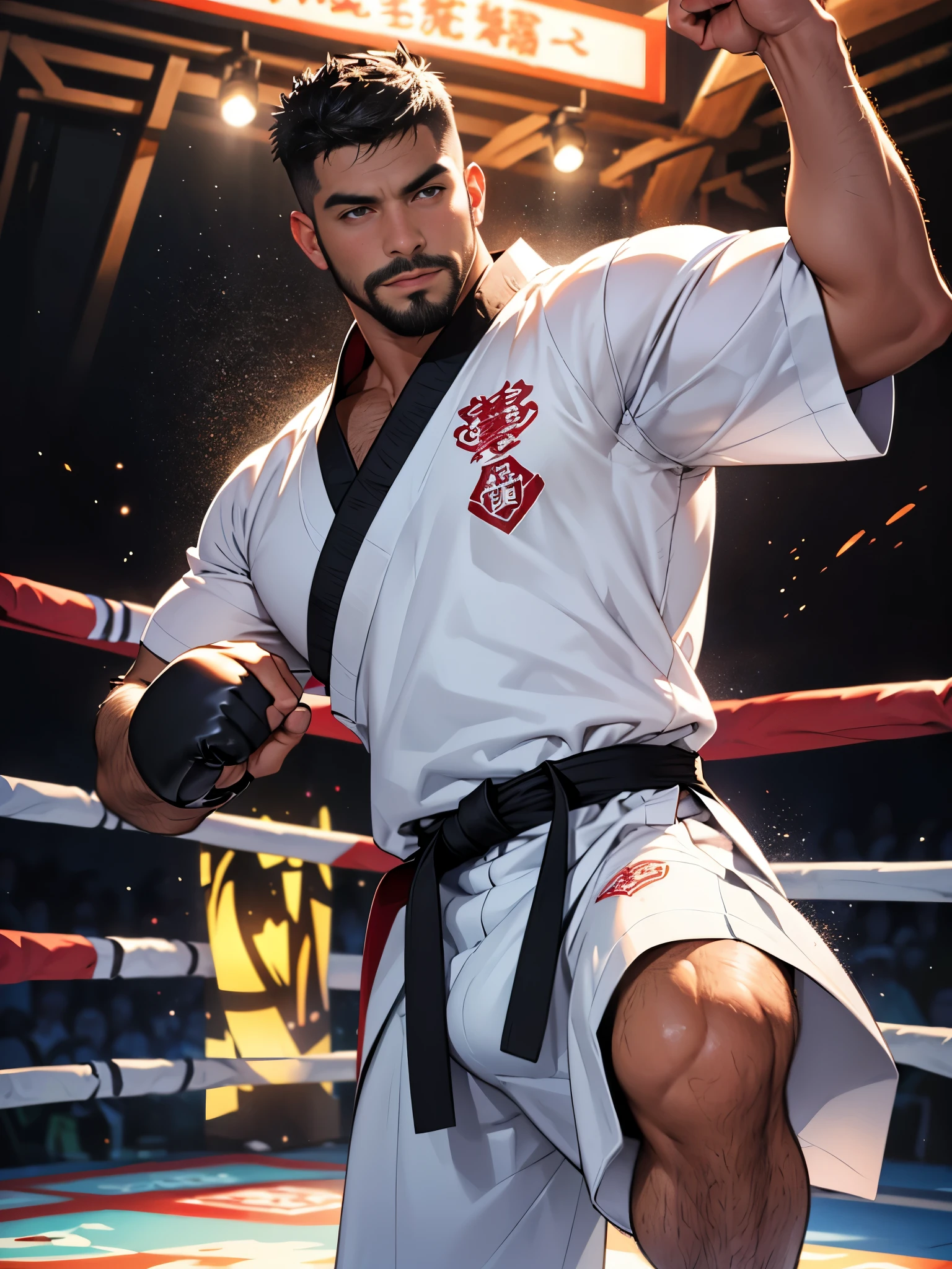 sexy mature daddy, tanned skin, big bump, darker skin, stubble, muscle发达的, best quality, masterpiece, ultra high resolution, Detailed background, realism, illustration, single, 1 boy, Torii, muscle, Volumetric lighting, depth of field, beard, flow, White clothes, black belt, light particles, huge bulge, starry sky, martial artist, flow汗, short black hair, perfect eyes, barefoot,Boxing pose