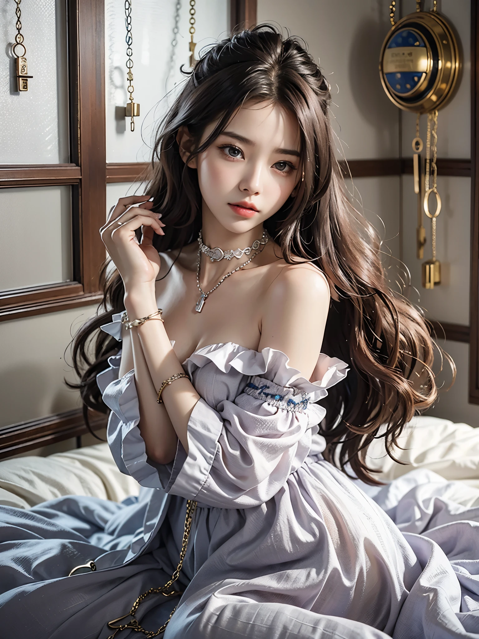 ((highest quality、masterpiece))、Raw photo、8k、highest quality、 超A high resolution、Beautiful face in every detail、realistic human skin、gentle expression、realistic、Photoreal、Beautie、bangs、Beautiful woman、Obscene dress with top and bottom black、necklace、(color々hairstyle)、(Locks:1.4)、choker、choker、chain accessories、Lock、cleavage、off shoulder、with cuff、連Lockする、連Lockする、fantasy castle、bed、restrained、get caught、imprisonment、with cuff、bracelet、room of Secrets、dark room、The body line is very sexy、bracelet、(prisoner of war)、(captured woman)、(チェーンnecklace)、((choker))、((choker))、((with cuff))、（tie both hands）、(Tying with a Lock)、(連Lockする)、((with cuff))、(tie both hands)、(bracelet)、(chain accessories)、(連Lockする)、falling darkness、a feeling face、disheveled clothes、get caught、imprisonment、tie、連Lockする、手首のLock、chain on ankle、cinematic lighting、disheveled clothes、takeoff、((bed))、((arched hips))、((raise your arms))、((restrained))、((Locks))、((Lock))、(raise your butt)、(((color々hairstyle)))、