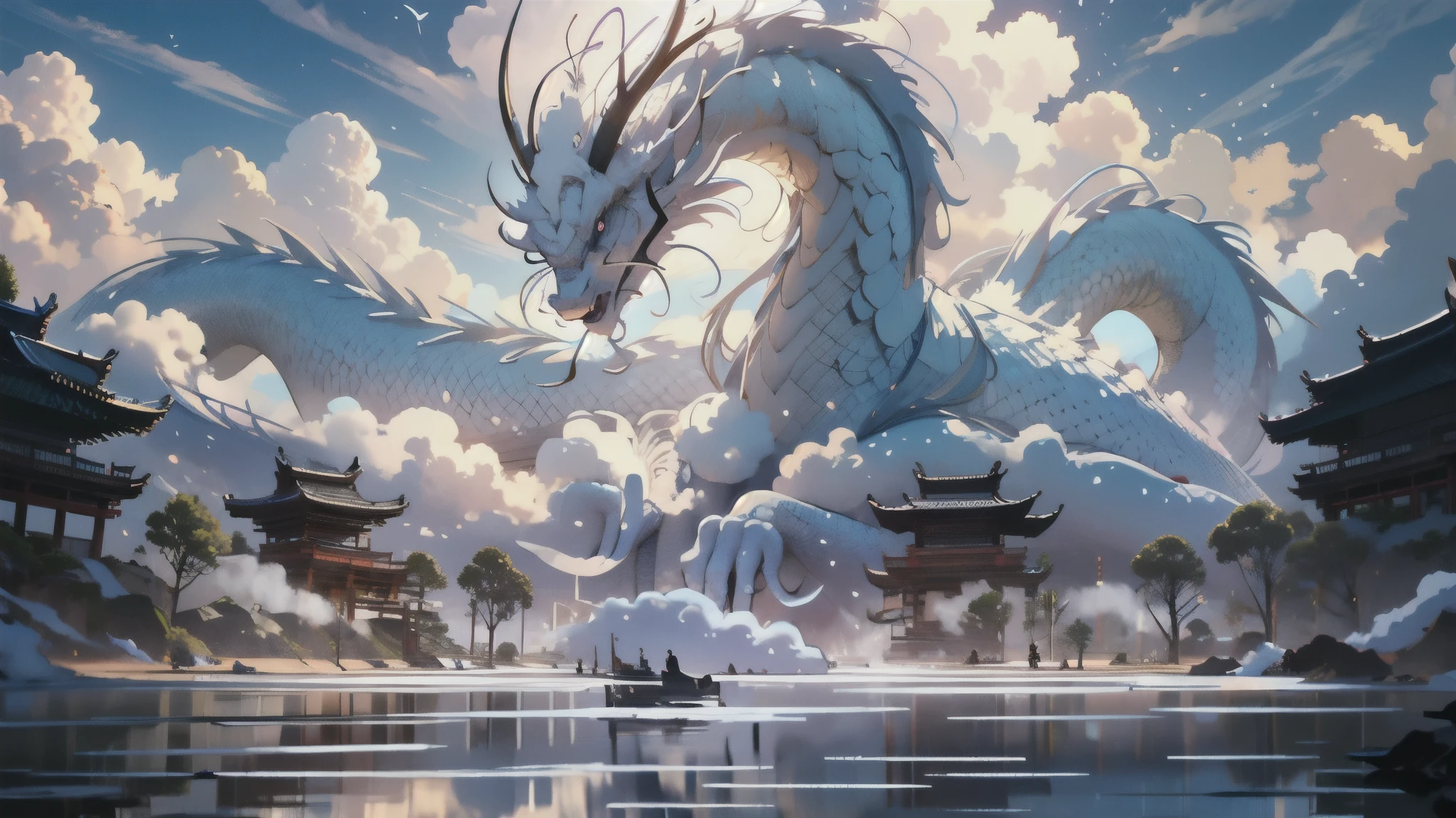 bj_sacré_bEst,bleu_yeux,En plein air,cornes,Ciel,nuage,Non_humains,oiseau,nuagey_Ciel,paysage,escaliers,fantaisie,dragon,architecture,Est_asiatique_architecture,Estern_dragon,Éclairage cinématographique,fort contraste,Haut niveau de détail,Meilleure qualité,chef-d&#39;œuvre