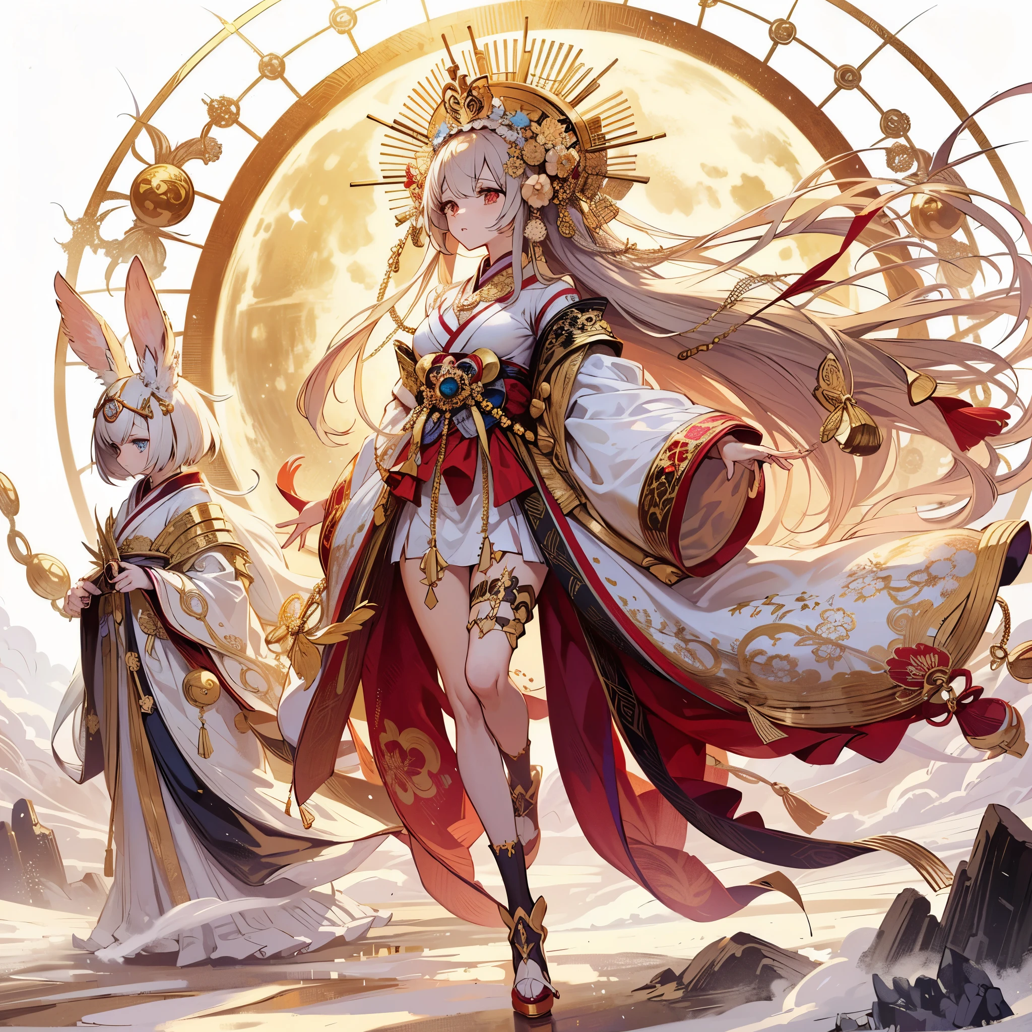 (Masterpiece, best quality), (perfect athlete body:1.2), (detailed hair), ultra-detailed, anime style, solo, full body, Moon Goddess Tsukuyomi, mystical and gorgeous gold and red-white kimono, wearing a gold crown and covering her face with a cloth blind, carrying a halo of golden gear on her back, She is accompanied by the White Rabbit Fairy attendant, raised boots, digital painting, 8k high resolution, whole body, white background, standing wasteland
