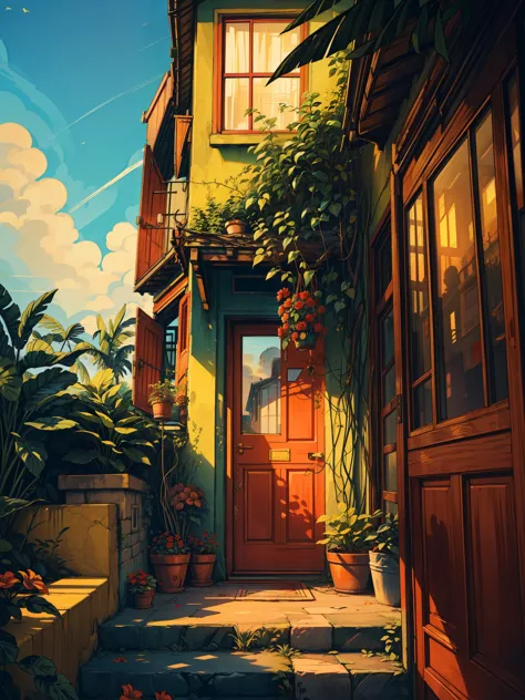 (masterpiece:1), (Full view), (a yellow apartment with red door and windows covered with dense tropical greenery:1.4), (plant po...