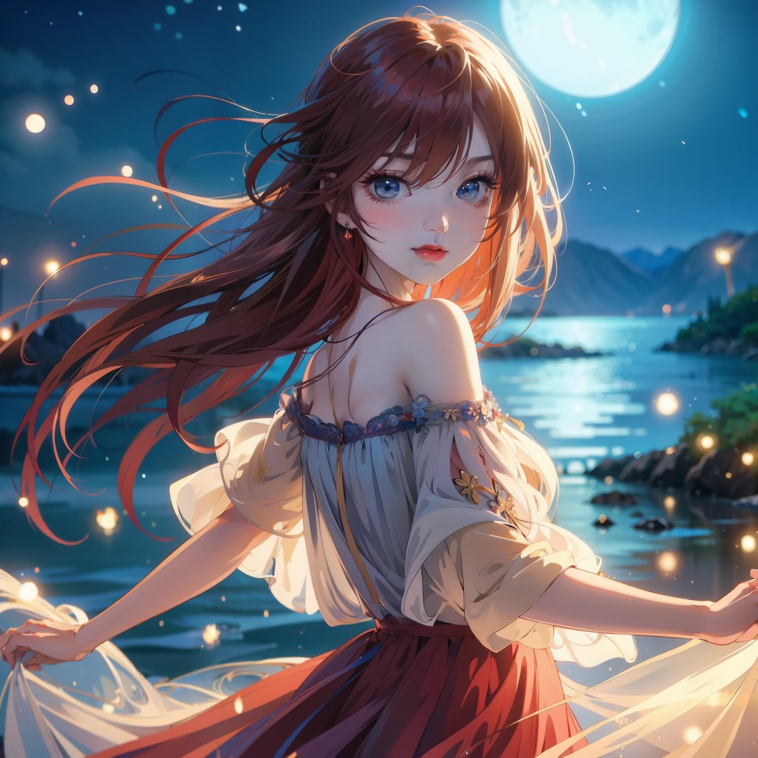 Anime girl with long hair and blue eyes standing in front of a body of water, night nucleus, anime style 4k, 4kanime wallpaper, anime wallpaper4K, anime wallpaper4k, Anime Art Wallpaper 4k, anime art wallpaper 4k, Beautiful anime, anime art wallpaper 8k, hd anime wallpaper, Beautiful anime girl, anime wallpaper