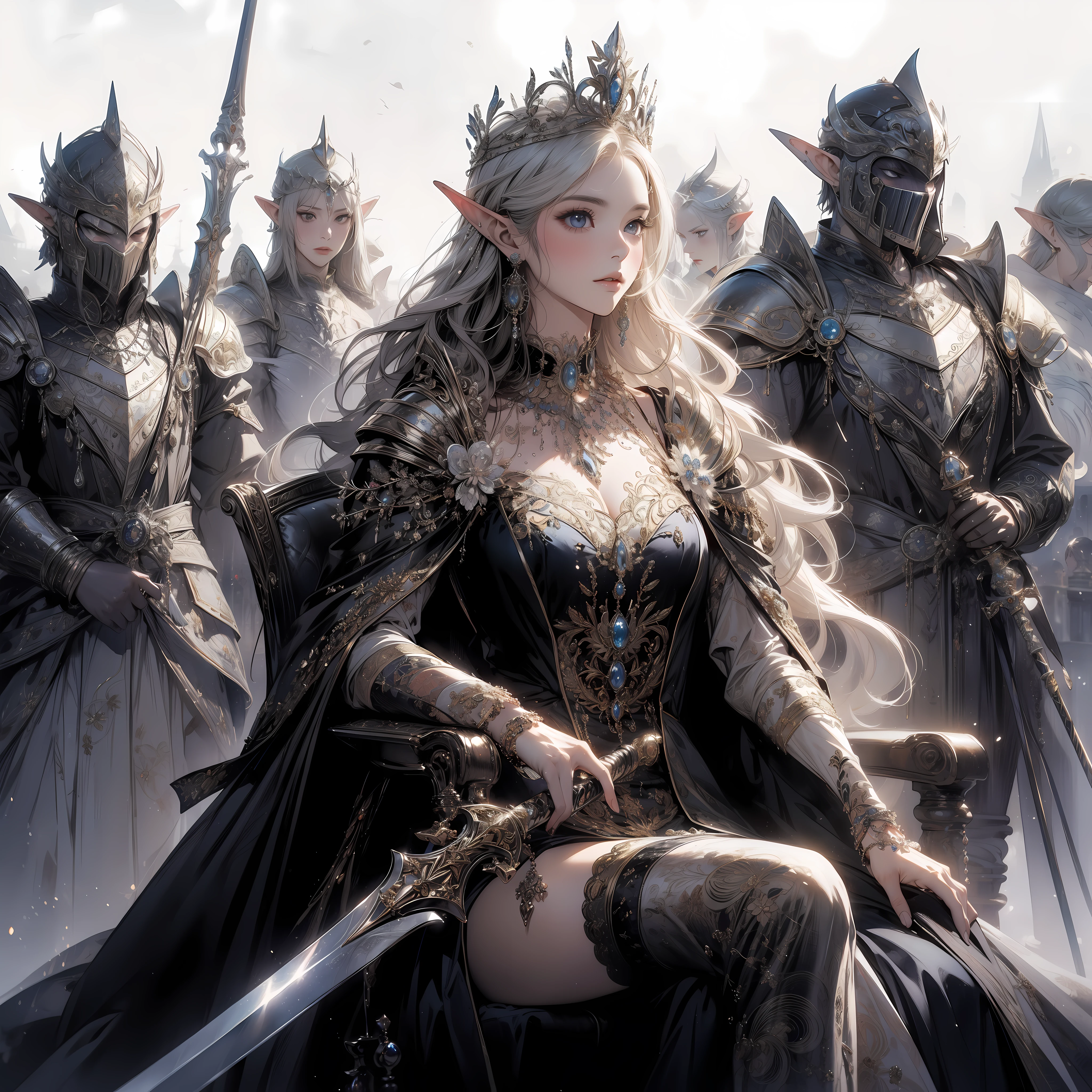 Seated in regal splendor, the elven queen exudes majesty and authority, her royal regalia and crown symbolizing her leadership. With determination, she holding a sword, while her devoted aides, dressed in knightly attire, stand vigilantly by her side, by Artgem, Dynamic shot, Dynamic pose, by Yoshitaka Amano, Mikimoto Haruhiko, frank frazetta, Cinematic Dramatic atmosphere, dark atmosfer, fantasy, 8k, watercolor painting