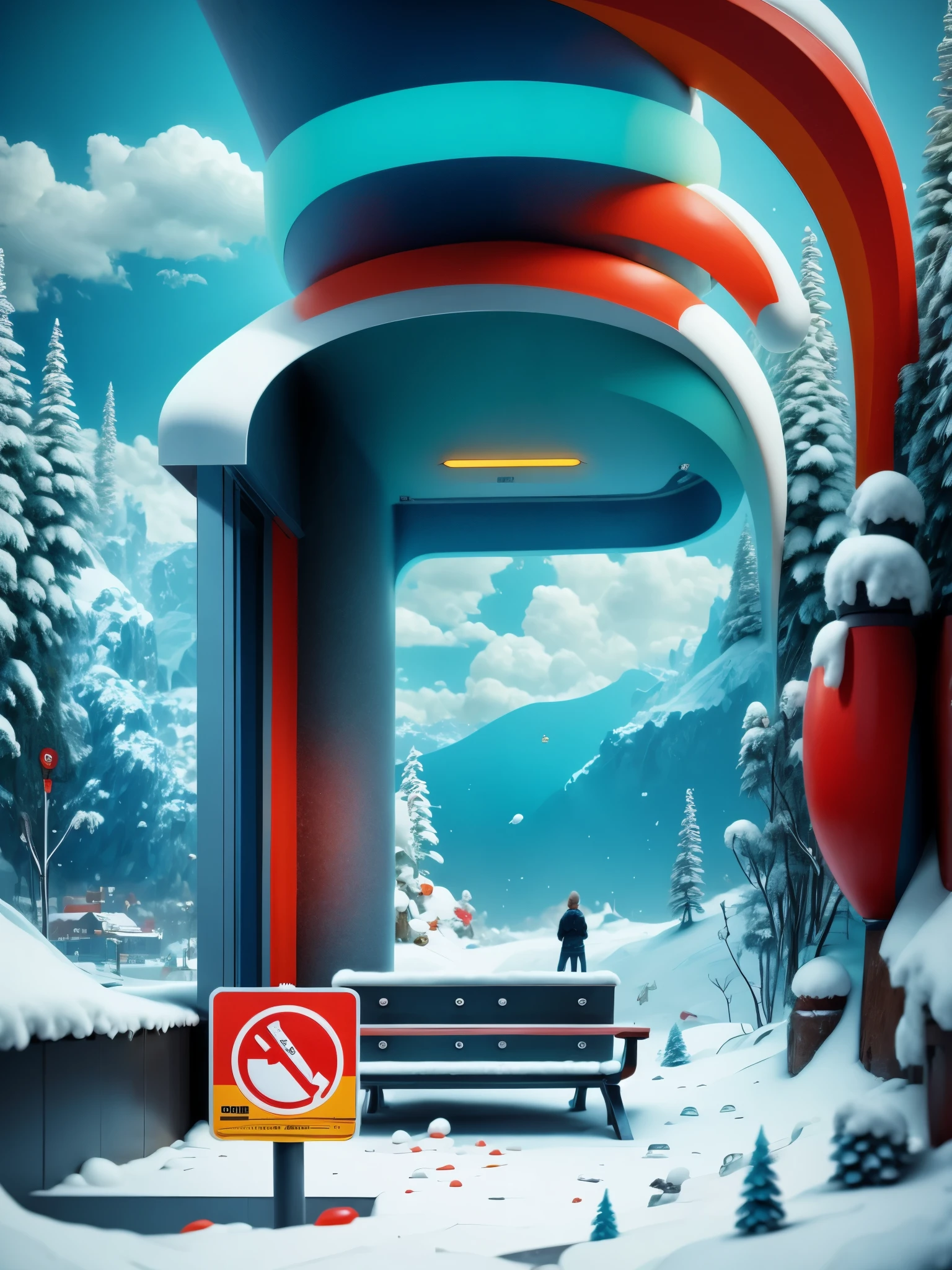 A solitary  station in the heavy snow，A station for one person，waiting room，Big stop sign，science fiction，cyberpunk，future，photography，