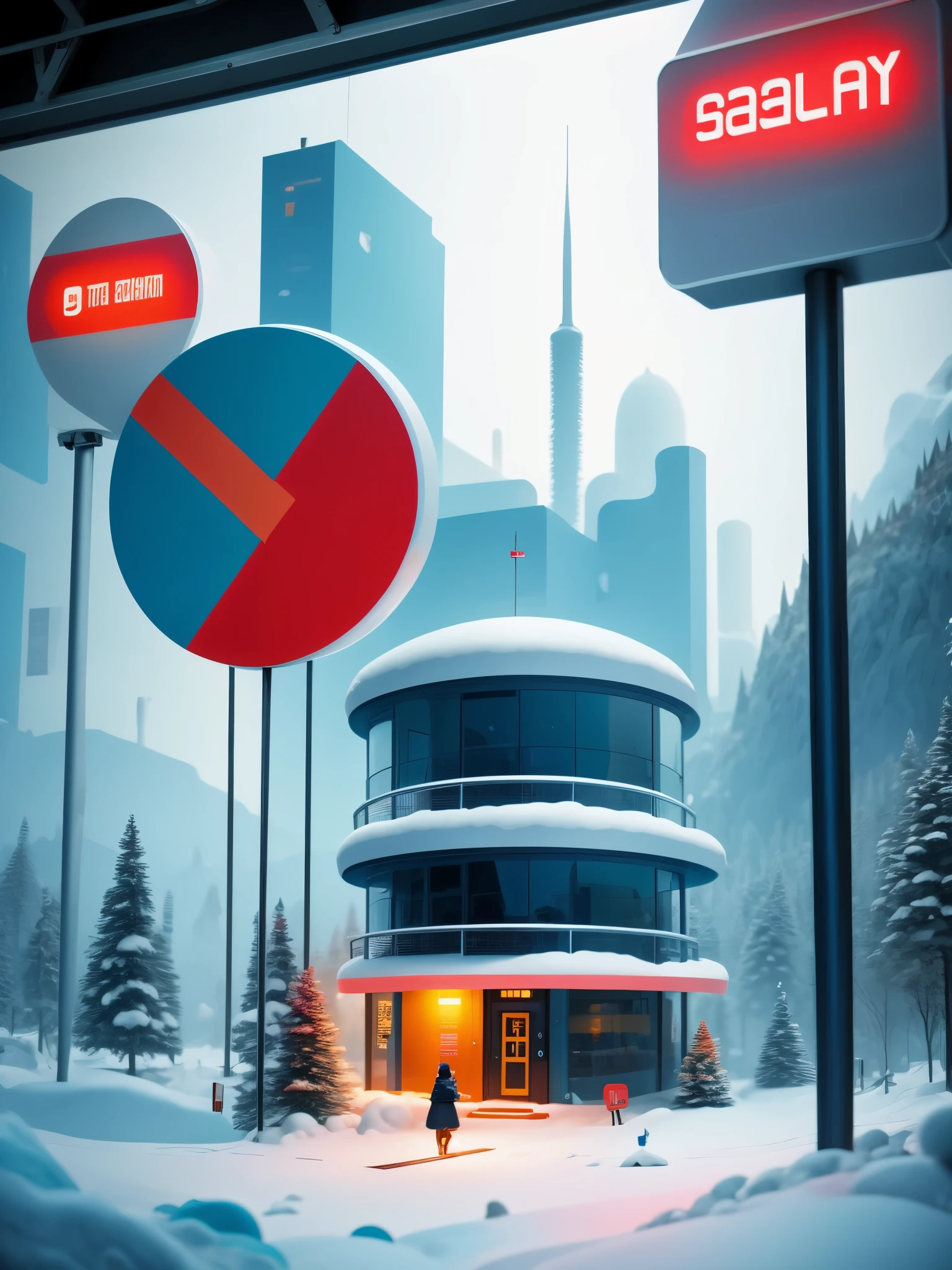 Eine einsame Station im dichten Schnee，Eine Station für eine Person，Großes Stoppschild，Science-Fiction，cyberpunk，Zukunft，Fotografie，