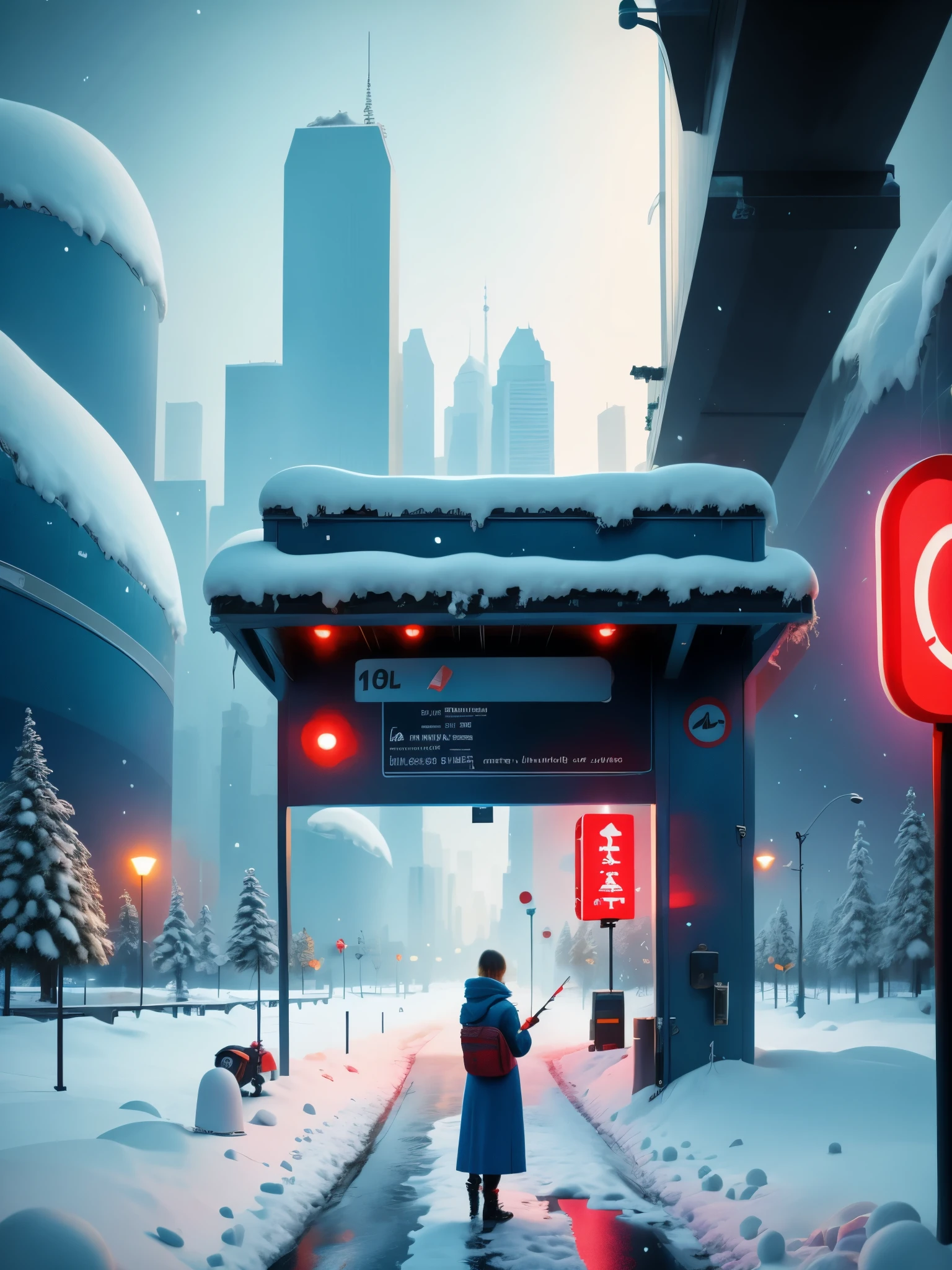 Eine einsame Station im dichten Schnee，Eine Station für eine Person，Großes Stoppschild，Science-Fiction，cyberpunk，Zukunft，Fotografie，