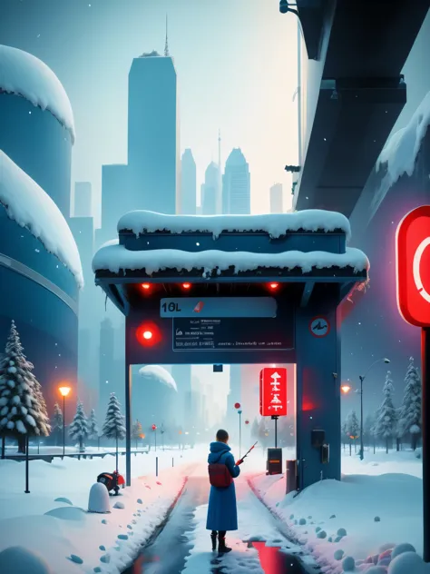 A solitary  station in the heavy snow，A station for one person，Big stop sign，science fiction，cyberpunk，future，photography，