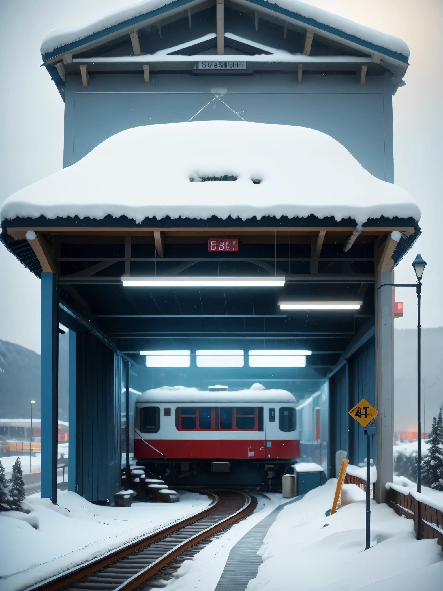 (beste Qualität,4k,8k,highres:1.2),ultra-detailliert,(realistisch,photorealistisch,photo-realistisch:1.37),schneebedeckt, Bahnhof im Schneesturm,trostlose und öde Szene,verlassenes Gefühl,große Beschilderung,Science-Fiction,cyberpunk,futuristisch,Fotografie.