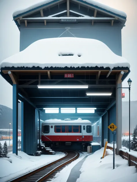(best quality,4k,8k,highres:1.2),ultra-detailed,(realistic,photorealistic,photo-realistic:1.37),snowy, train station in a blizza...