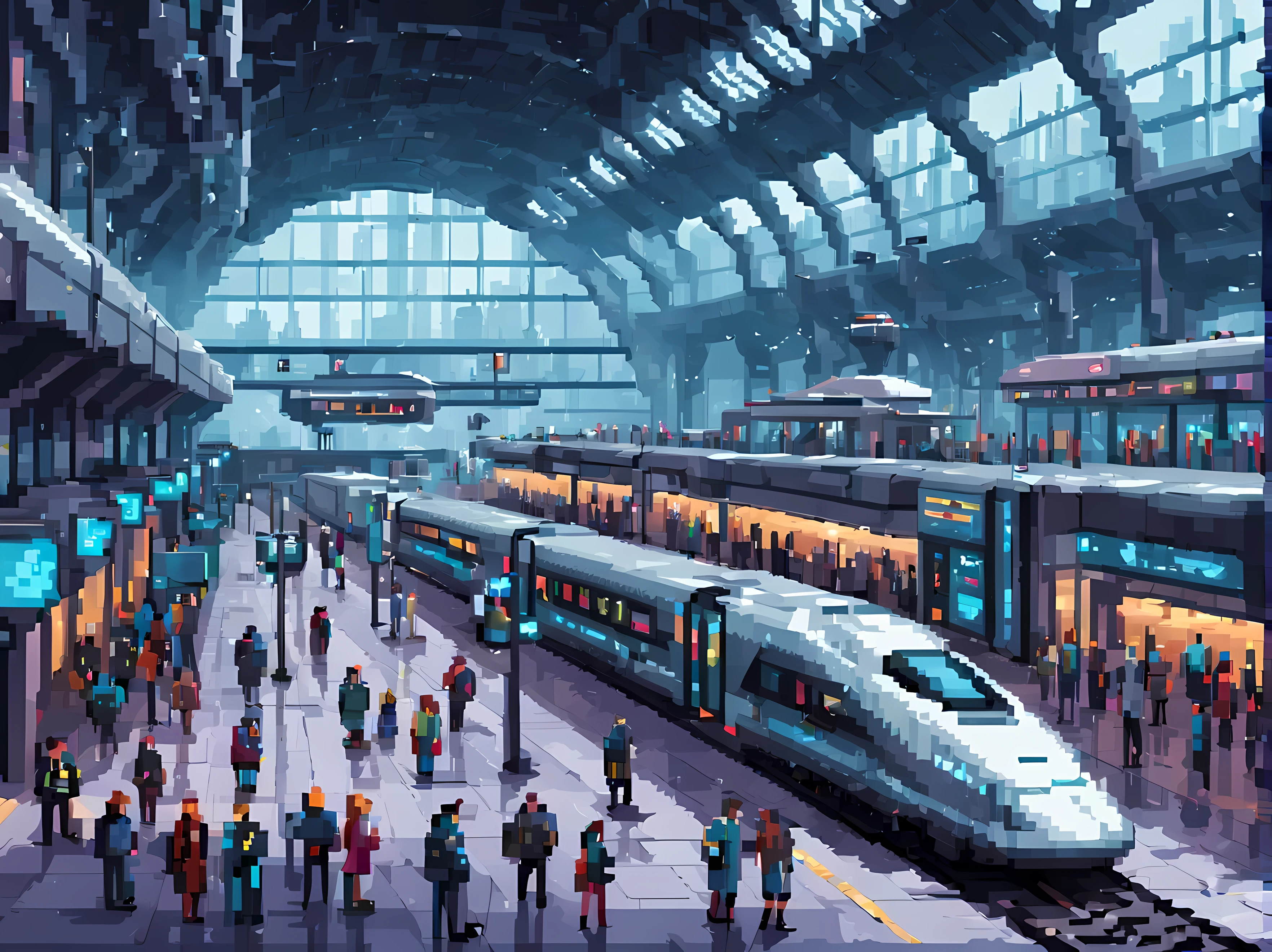 Pixel art, a captivating scene featuring a futuristic train station, sleek modern, architecture with transparent glass panels, a high-speed train, advanced technological elements like holographic displays and robotic assistants, a futuristic cityscape backdrop, cyberpunk passengers, masterpiece in maximum 16K resolution, superb quality. | ((More_Detail))