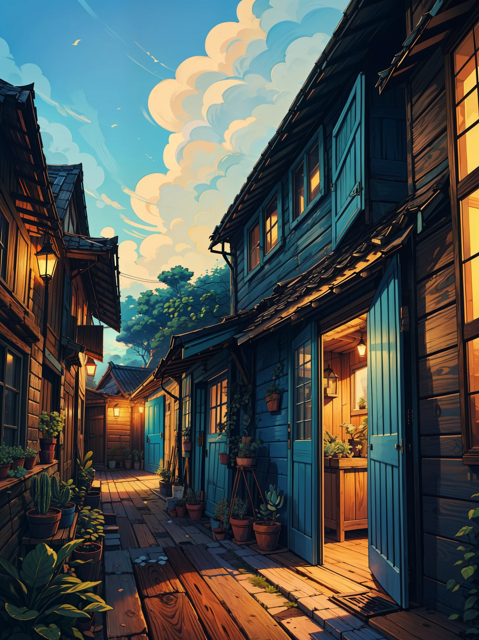 (masterpiece:1), (Full view), (a lonely blue stone old worn hut with white wooden door and windows in the village:1.4), (pots with succulent plants outside window and door:1.3), crowded city, (an old tree with red and green leaves outside:1.1), blue cloudy sky, (Dim volumetric light:1.4), peaceful, (blue bicycle parked outside:1.2), (scattered clouds), (evening scene:1.4), (peaceful environment), beautiful tones, subtle colors, peaceful, no human, (illustration: 1.0), epic composition, realistic lighting, HD details, masterpiece, best quality, (very detailed CG unified 8k wallpaper)