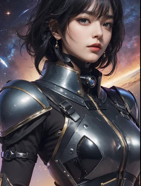 Upper body close-up image.A beautiful woman. 20s. Black hair. She wears a metallic black battle uniform. There is something on h...