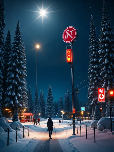 A solitary  station in the heavy snow，A station for one person，Big stop sign，（track：0.65），science fiction，cyberpunk，future，photo...
