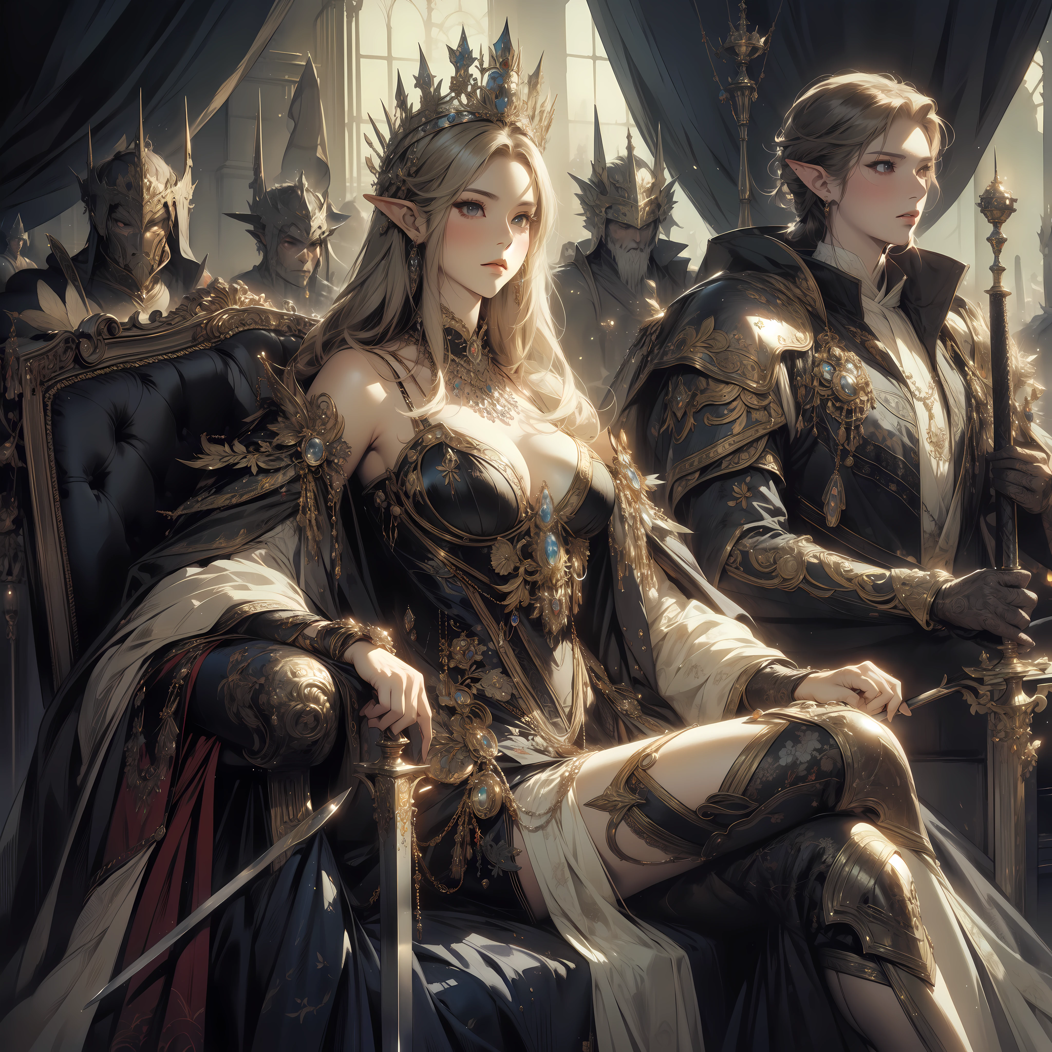Seated in regal splendor, the elven queen exudes majesty and authority, her royal regalia and crown symbolizing her leadership. With determination, she holding a sword, while her devoted aides, dressed in knightly attire, stand vigilantly by her side, by Artgem, Dynamic shot, Dynamic pose, by Yoshitaka Amano, Mikimoto Haruhiko, frank frazetta, Cinematic Dramatic atmosphere, dark atmosfer, fantasy, 8k, watercolor painting
