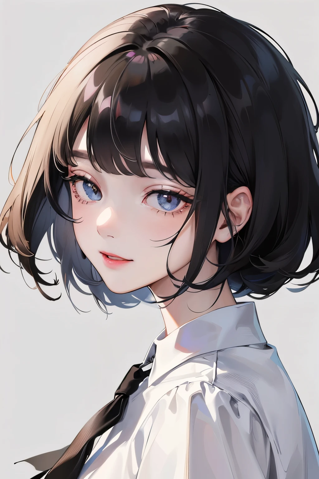 Anime girl aux cheveux noirs et aux yeux bleus portant une chemise blanche  - SeaArt AI