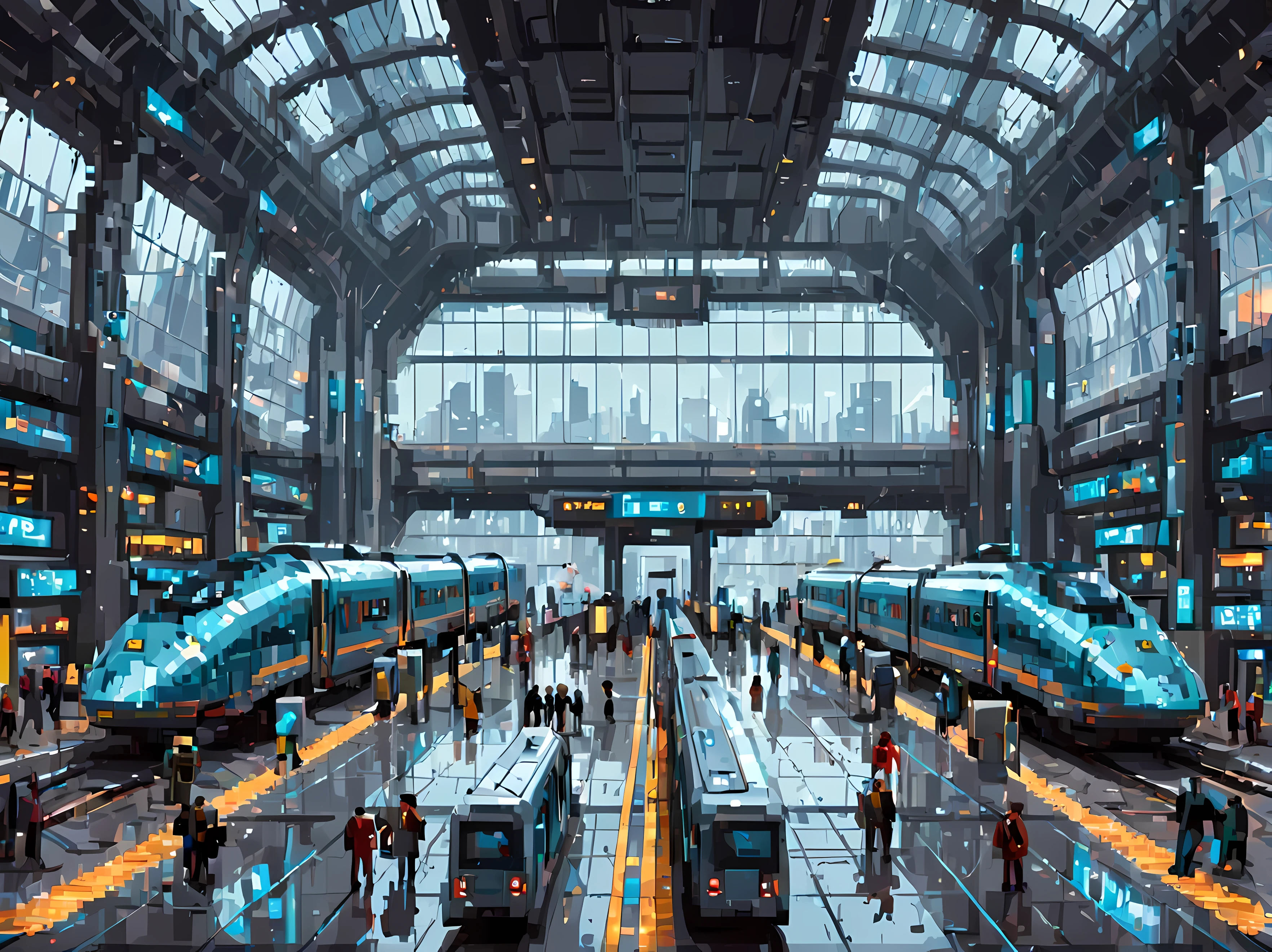 Pixel art, a captivating scene featuring a futuristic train station, sleek modern, architecture with transparent glass panels, a high-speed train, advanced technological elements like holographic displays and robotic assistants, a futuristic cityscape backdrop, cyberpunk passengers, masterpiece in maximum 16K resolution, superb quality. | ((More_Detail))
