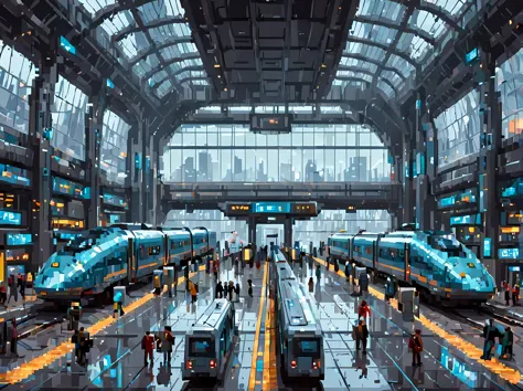 Pixel art, a captivating scene featuring a futuristic train station, sleek modern, architecture with transparent glass panels, a...