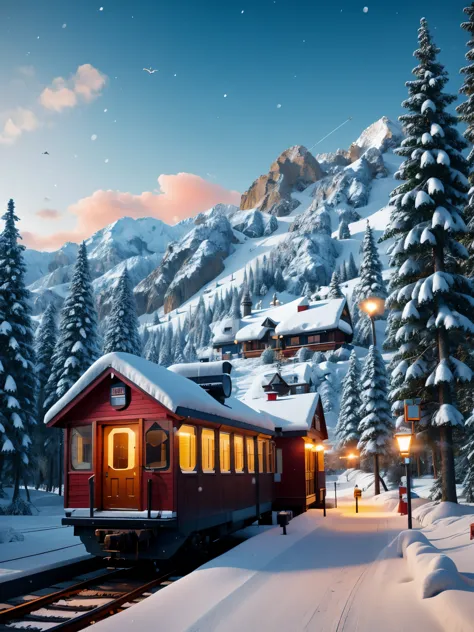 A solitary  station in the heavy snow，A station for one person，The big stop sign at the wooden house station，（Train tracks：1.3），...