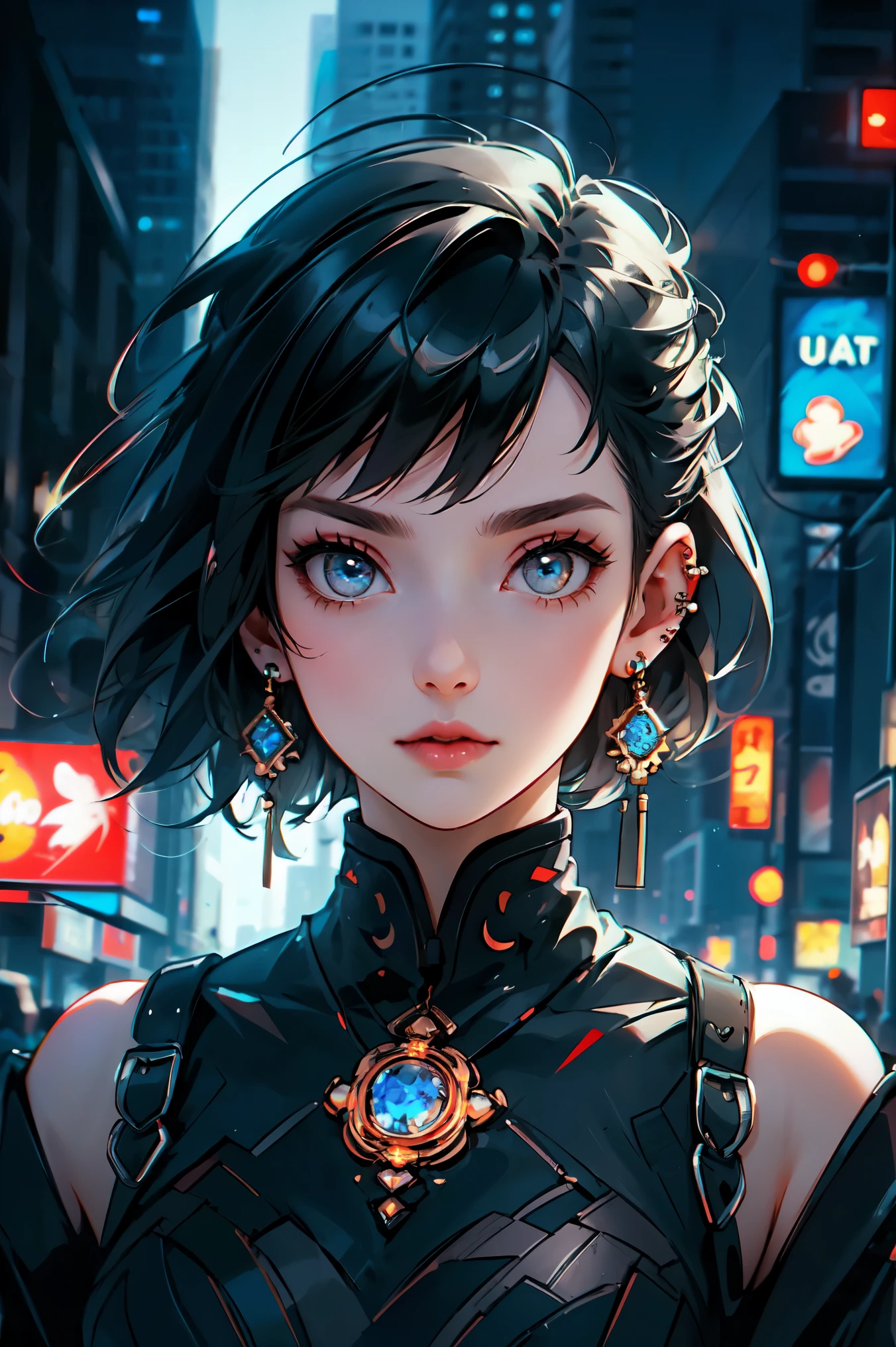  city, earrings, blurry background, city lights, depth of field, skyscraper, piercing, building, 1 girl, jewelry, solo, short_hair, cyberpunk, ear_piercing, outdoors, cityscape, (((masterpiece))),(((best quality))),((ultra-detailed)), Hyper Real,Photorealistic,16K,high detail,high,resolution,