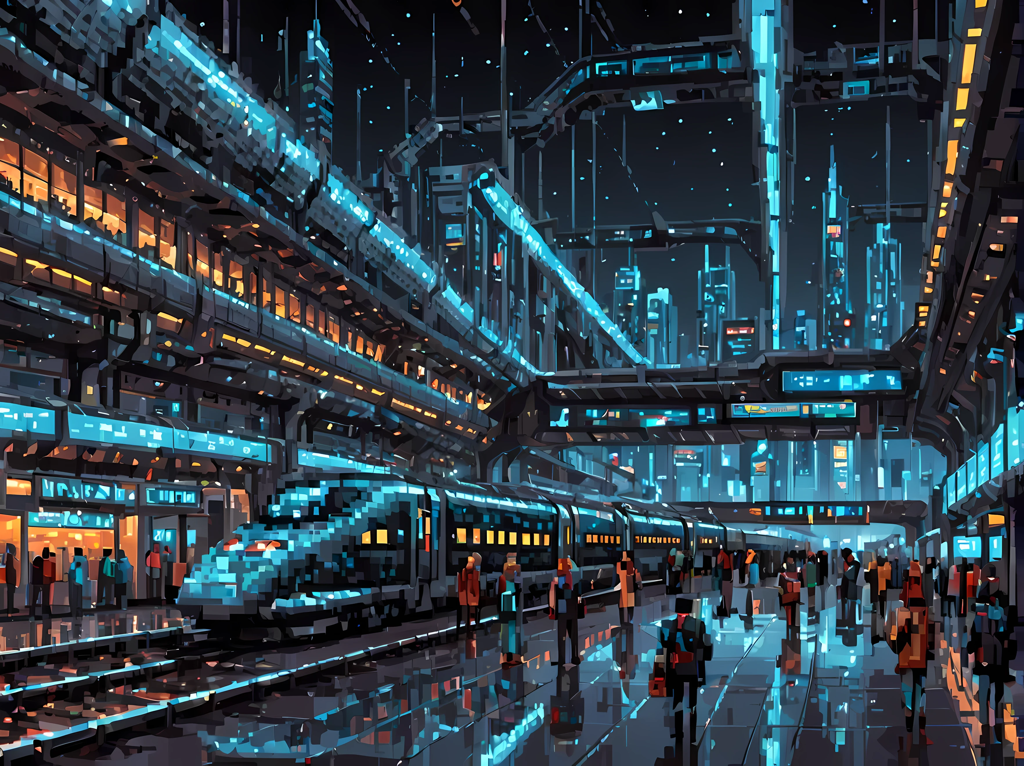 Pixel art, a captivating scene featuring a futuristic train station, sleek modern, architecture with transparent glass panels, a high-speed train, advanced technological elements like holographic displays and robotic assistants, a futuristic cityscape backdrop, cyberpunk passengers, masterpiece in maximum 16K resolution, superb quality. | ((More_Detail))