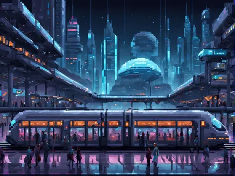Pixel art, a captivating scene featuring a futuristic train station at the glow of the otherworldly planet at night, sleek moder...