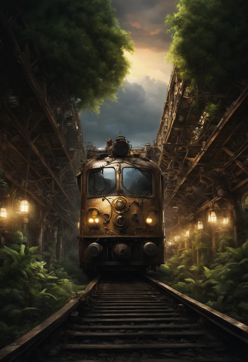 Train Station, aesthetic, steampunk derelict trains, railroads, stacked on top of each other in the jungle, covered with vines, ...