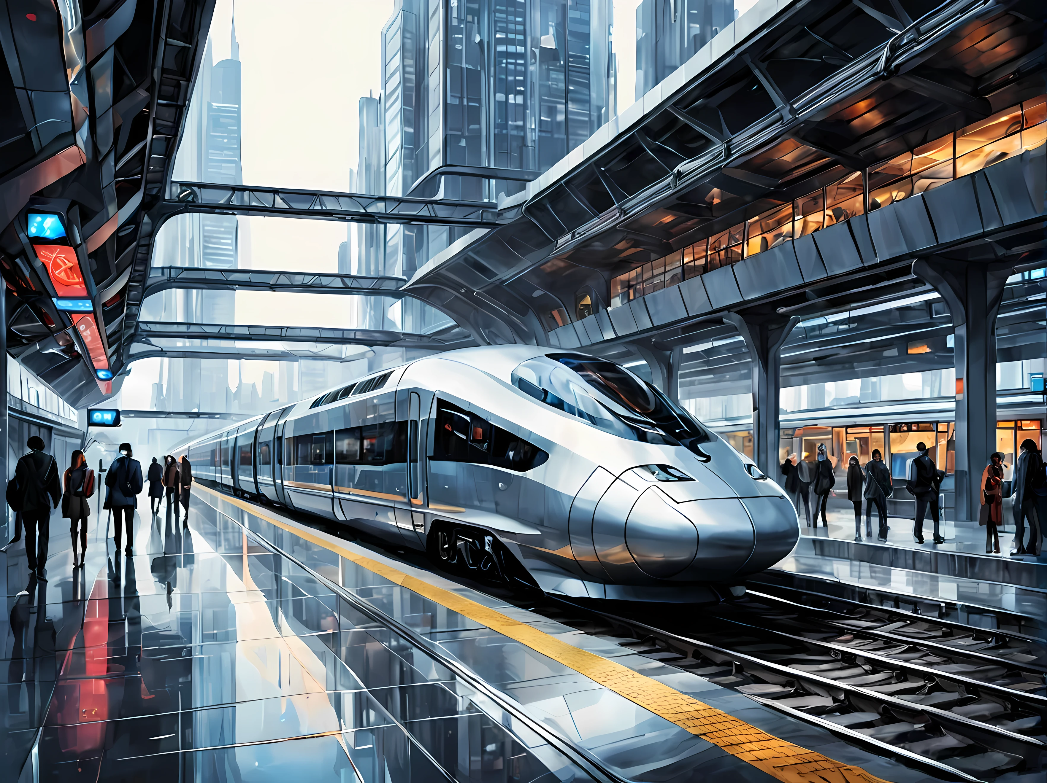 未来的な駅を描いた魅力的な水彩画, 洗練されたモダン, 透明なガラスパネルを使用した建築, 高速列車, ホログラフィックディスプレイやロボットアシスタントなどの高度な技術要素, 未来的な都市景観の背景, サイバーパンクの乗客, 最大16K解像度の傑作, 素晴らしい品質. | ((もっと_詳細))