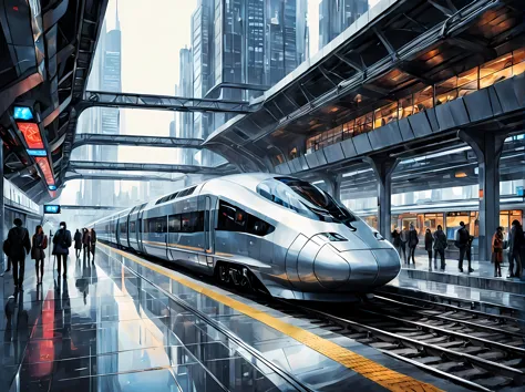 A captivating watercolor painting featuring a futuristic train station, sleek modern, architecture with transparent glass panels...