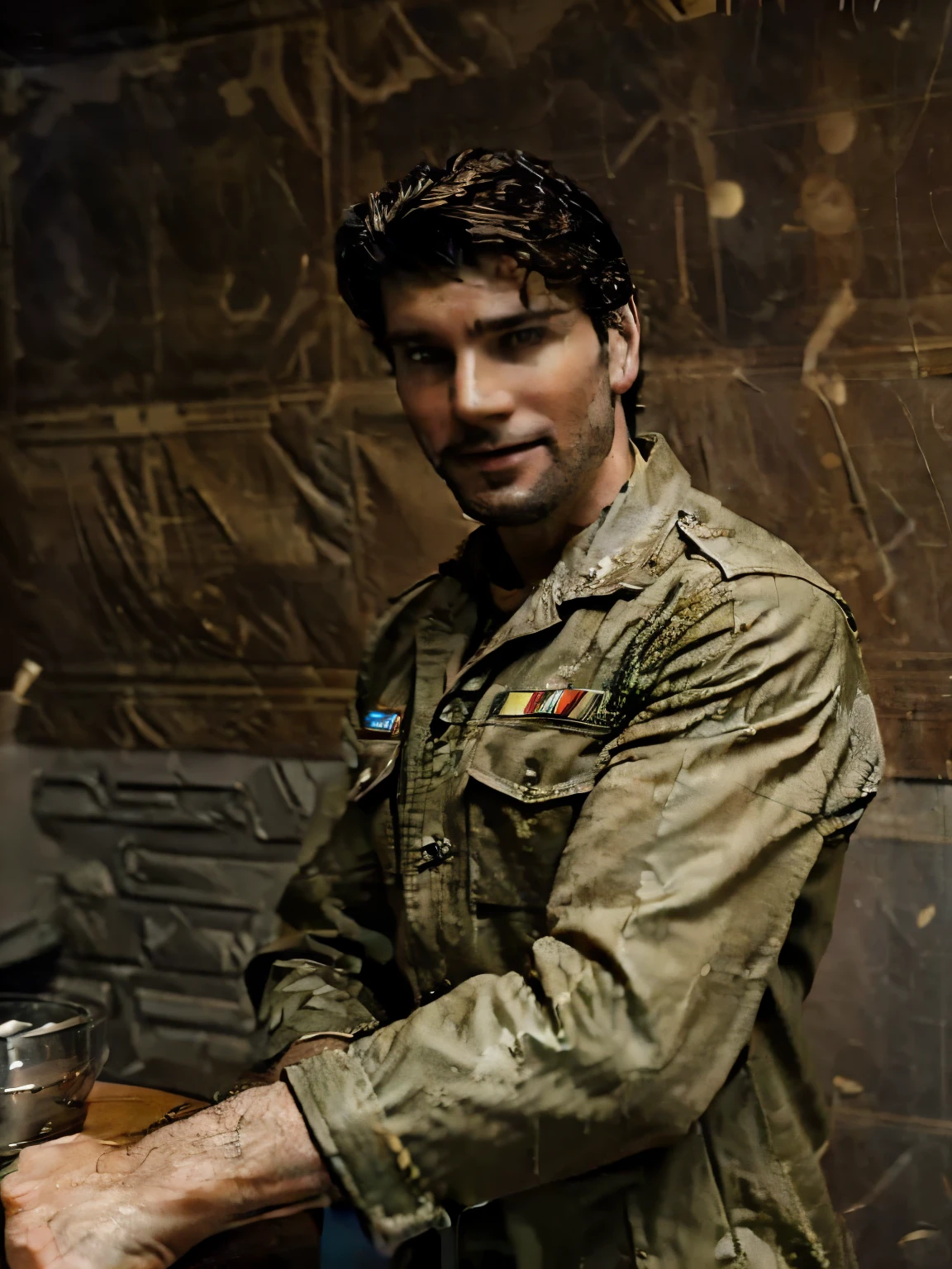 (a tall handsome male colonel), army officer, cheeky smile, masterpiece,(( photo realistic)), bar scene, pub, wedding reception, hyper realistic, futuristic officers bar