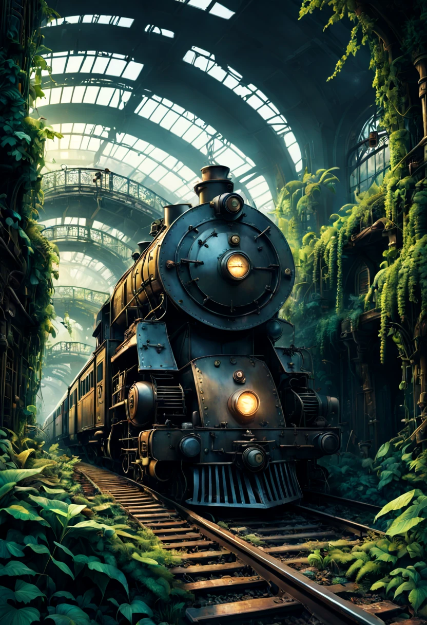 Gare, Esthétique, trains abandonnés steampunk, chemins de fer, empilés les uns sur les autres dans la jungle, couvert de vignes, plantes, rouages, engrenages; éclairage épique, Cinématique, Brillant, superbe, complexe, Méticuleux, Spectaculaire, atmosphérique, maximaliste, peinture mate numérique, mystérieux, sinistre, crépuscule, Mœbius, heures d&#39;or