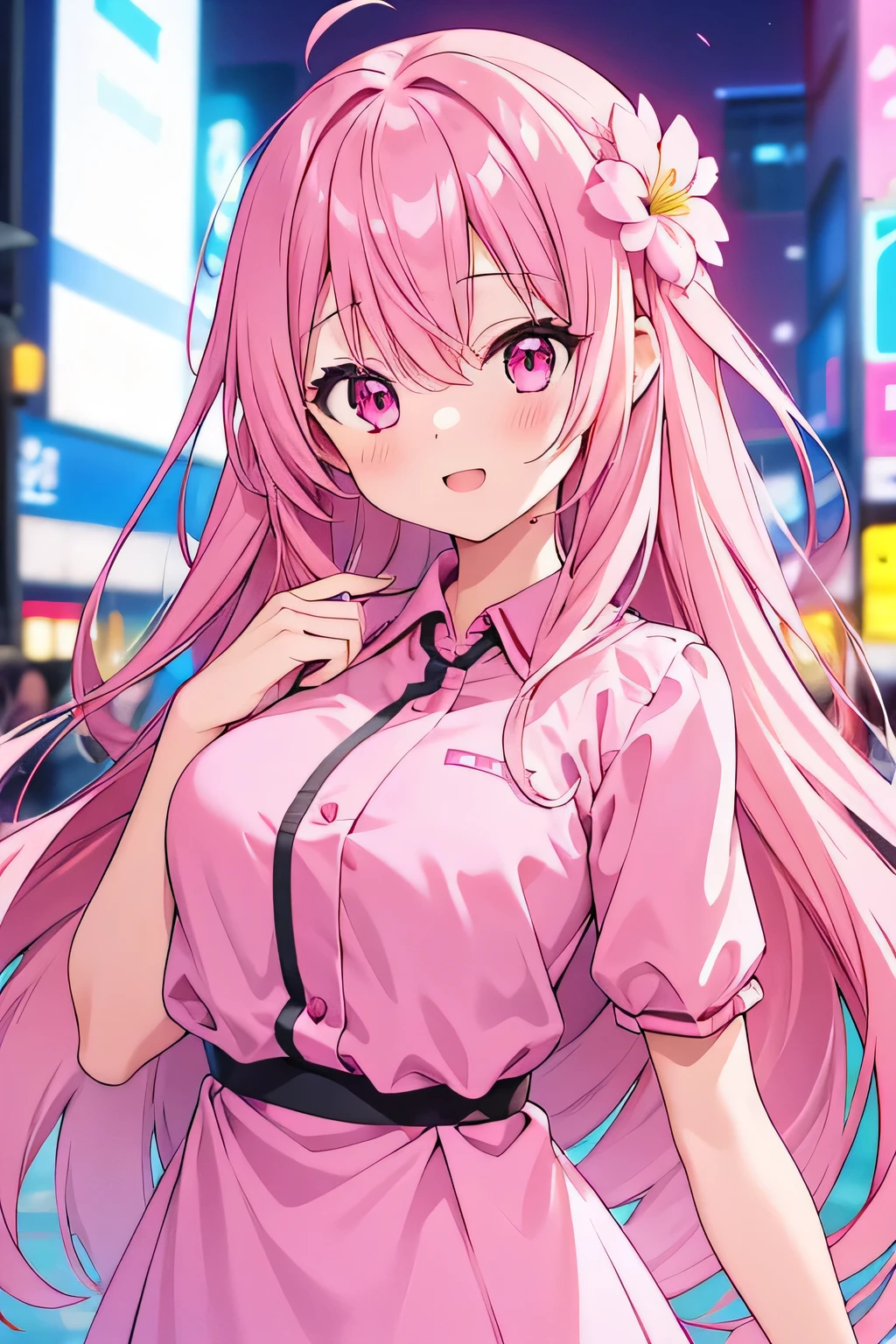 1girl, pink hair, pure long hair, flower hair ornaments on right side, wearing pink shirt, earning pink, 8k resolutions, 8k quality, medium breast, pink eyes,  upper body, HD resolutions, half body, happy, happy pose, loliface, bangs, neon city, pedestrian