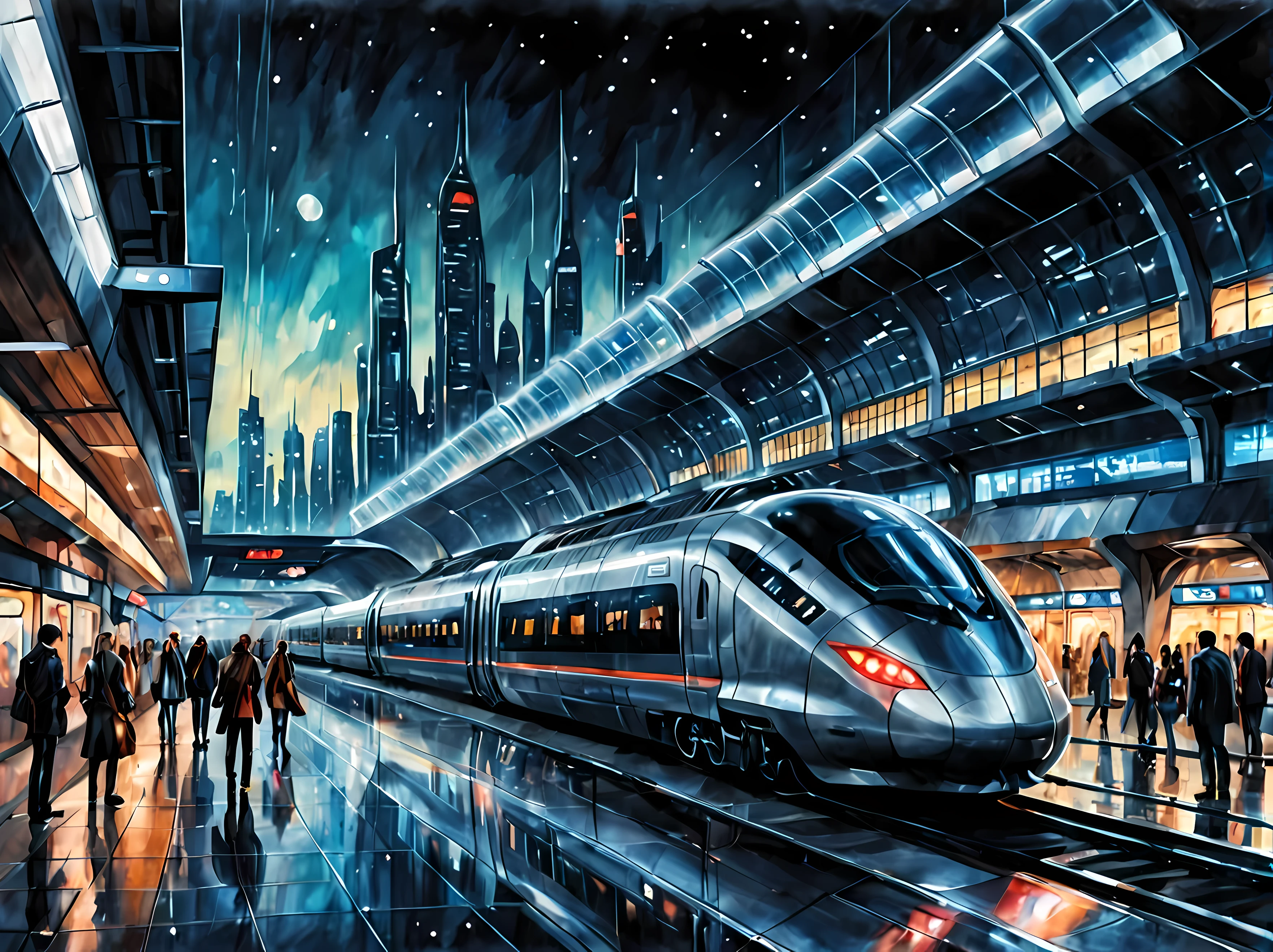 夜の異世界の惑星の輝きの中に未来的な駅を描いた魅惑的な水彩画, 洗練されたモダン, 透明なガラスパネルを使用した建築, 高速列車, ホログラフィックディスプレイやロボットアシスタントなどの高度な技術要素, 未来的な都市景観の背景, サイバーパンクの乗客, 最大16K解像度の傑作, 素晴らしい品質. | ((もっと_詳細))