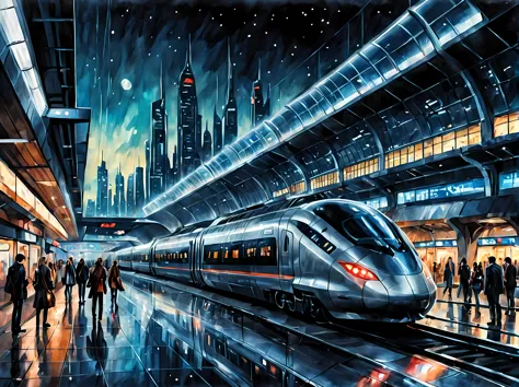 A captivating watercolor painting featuring a futuristic train station at the glow of the otherworldly planet at night, sleek mo...