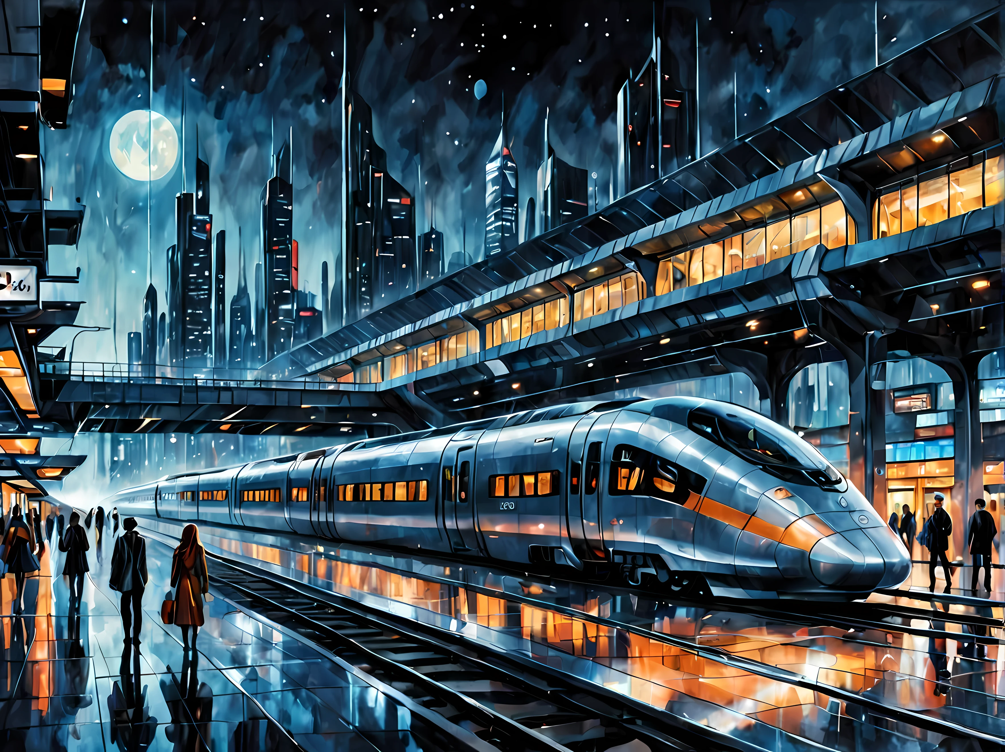 Uma cativante pintura em aquarela apresentando uma estação de trem futurista sob o brilho do planeta sobrenatural à noite, elegante e moderno, arquitetura com painéis de vidro transparentes, um trem de alta velocidade, elementos tecnológicos avançados, como displays holográficos e assistentes robóticos, um cenário de paisagem urbana futurista, passageiros ciberpunk, Obra-prima em resolução máxima de 16K, Excelente qualidade. | ((mais_detalhe))