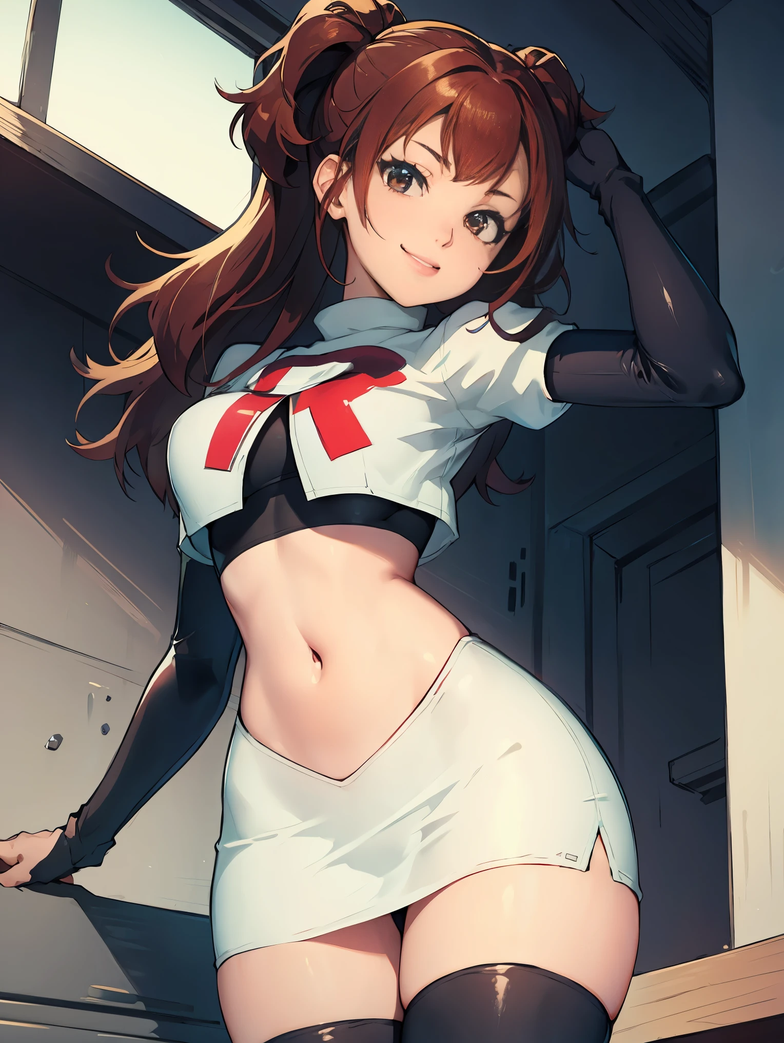 Rise Kujikawa (Persona) ,glossy lips ,team rocket uniform, red letter R, white skirt,white crop top,black thigh-high boots, black elbow gloves, evil smile, looking at viewer, cowboy shot