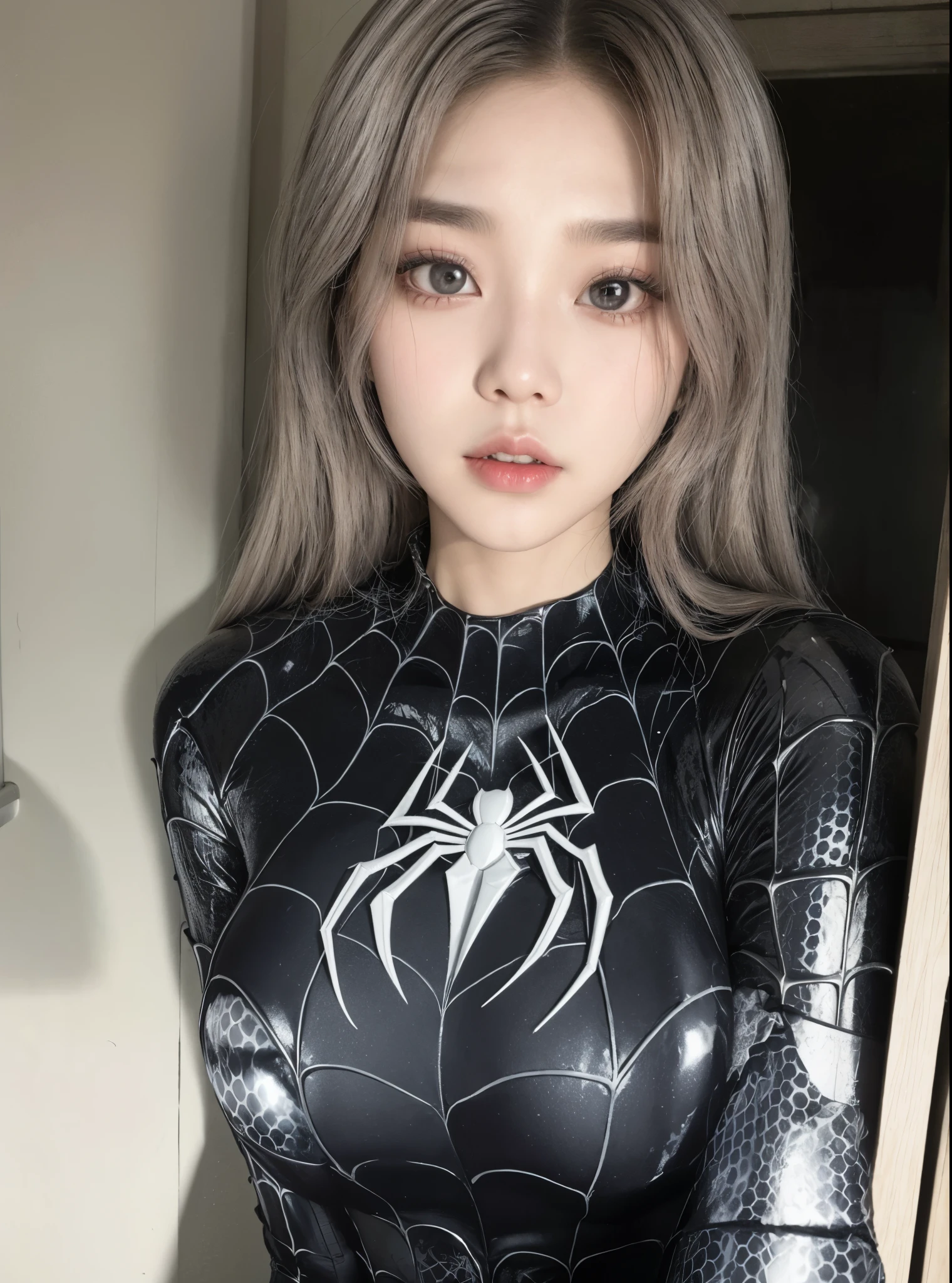 A woman in a black spider suit posing for a picture - SeaArt AI