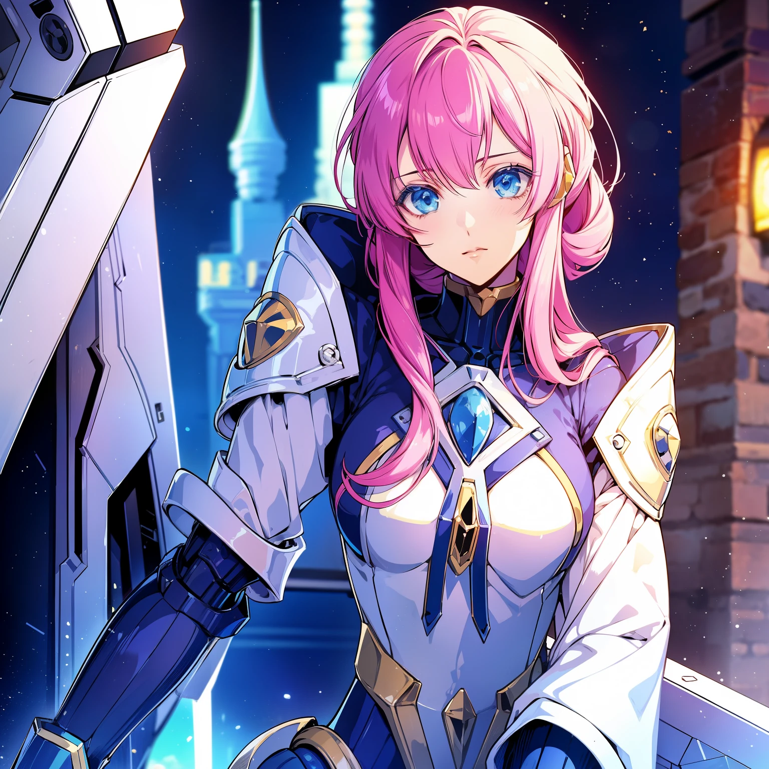 personnage d&#39;anime avec un énorme pistolet devant une ville, mécha animé, modern mécha animé, fille avec armure cybernétique mecha, esthétique mecha anime, un grand robot mecha animé, serrure esthétique, serrure femelle, anime fille ga robot!! 
