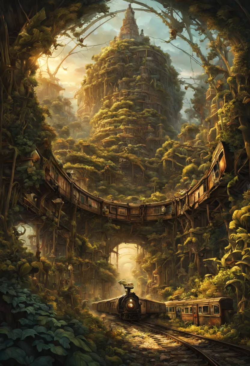Train Station, aesthetic, steampunk derelict trains, railroads, stacked on top of each other in the jungle, covered with vines, ...