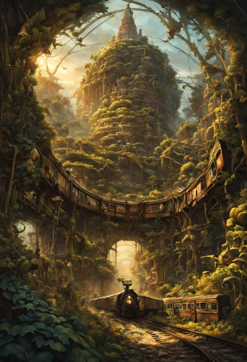 train station, aesthetic, steampunk derelict trains, railroads, stacked on top of each other in the jungle, covered with vines, ...