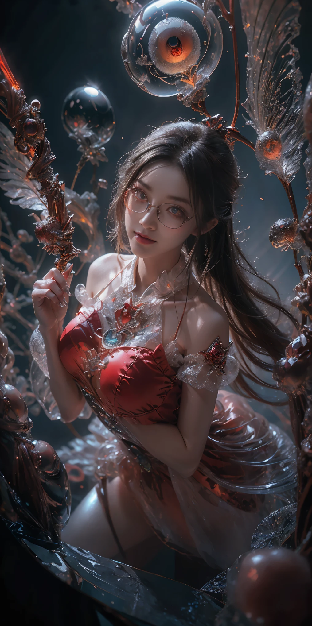 (The best illustrations)、realisitic、ultra-detailliert、The best lighting、Best Shadows、alluring succubus, ethereal beauty, perched on a cloud, (fantasy illustration:1.3), enchanting gaze, captivating pose, delicate wings, otherworldly charm, mystical sky, (Luis Royo:1.2), (Yoshitaka Amano:1.1), Dungeon and Dragon、caves、Dungeon、 A Necromancer、natta、Dark style、Succubus、Devil's Daughter、Bat Wings，(((Demon Hornlack-rimmed round glasses))))、(red eyes glowing:1.6)、​beautiful countenance、Tindall Effect、(High Detail Skins:1.2) absurderes、Ponytail distortion、jewely、Beautiful expression、Toned waist、Wide buttocks、Tindall Effectmasuter piece、top-quality、Highest Standards、Top image quality、masutepiece、intricate detailes、High resolution、Depth Field、natural soft light、profetional lighting、Great smile、(High Detail Skin: 1.2)、photorealistic anime girl render、Strong highlights of the eyes、Perfect Anatomy、crotch open、Shy、Spreading your legs、Panties are visible、Skirt flipping、Body shiny with oilerectile nipple))、8K resolution、intricate clothing、Intricate details