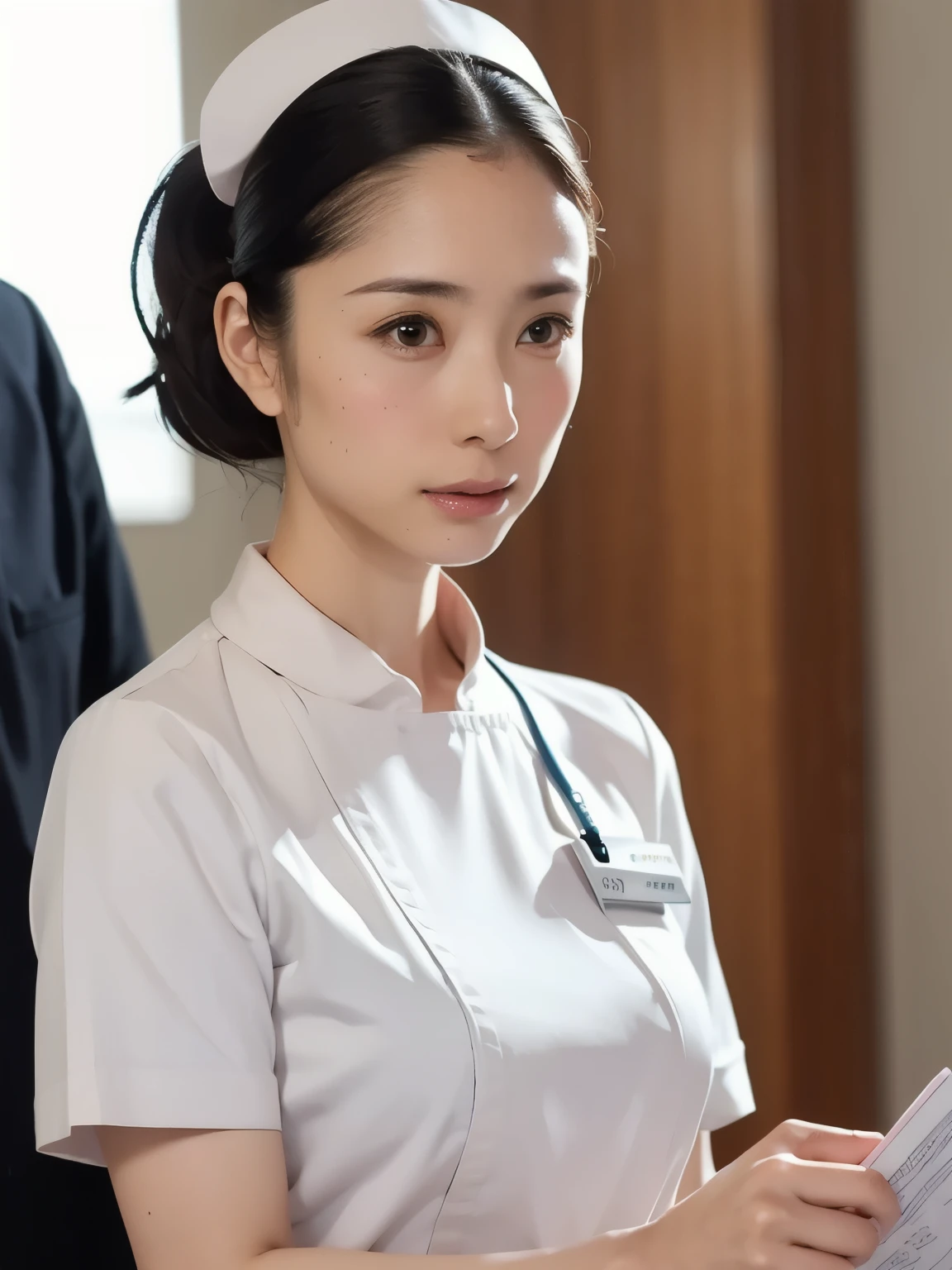 1 girl,(Wearing white nurse clothes:1.2),(RAW photo, highest quality), (realistic, photo-realistic:1.4), masterpiece, very delicate and beautiful, very detailed, 2k wallpaper, wonderful, finely, very detailed CG unity 8k wallpaper, Super detailed, High resolution, soft light, beautiful detailed girl, very detailed eyes and face, beautifully detailed nose, finely beautiful eyes, nurse, perfect anatomy, black hair, up style, nurse uniform, ((nurse cap)), long skirt, nurse, white costume, thin, hospital, clear, white uniform, hospital room, auscultation on the neck,face close up