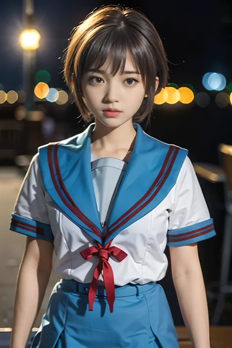 (table top, highest quality:1.2), 8k, official art, RAW photo,  (Upper body, sailor suit,:1.4), beautiful girl, idol face, pleated skirt, school uniform,  big breasts　short sleeve,  cinematic lighting, detailed face, background bokeh, 1 girl