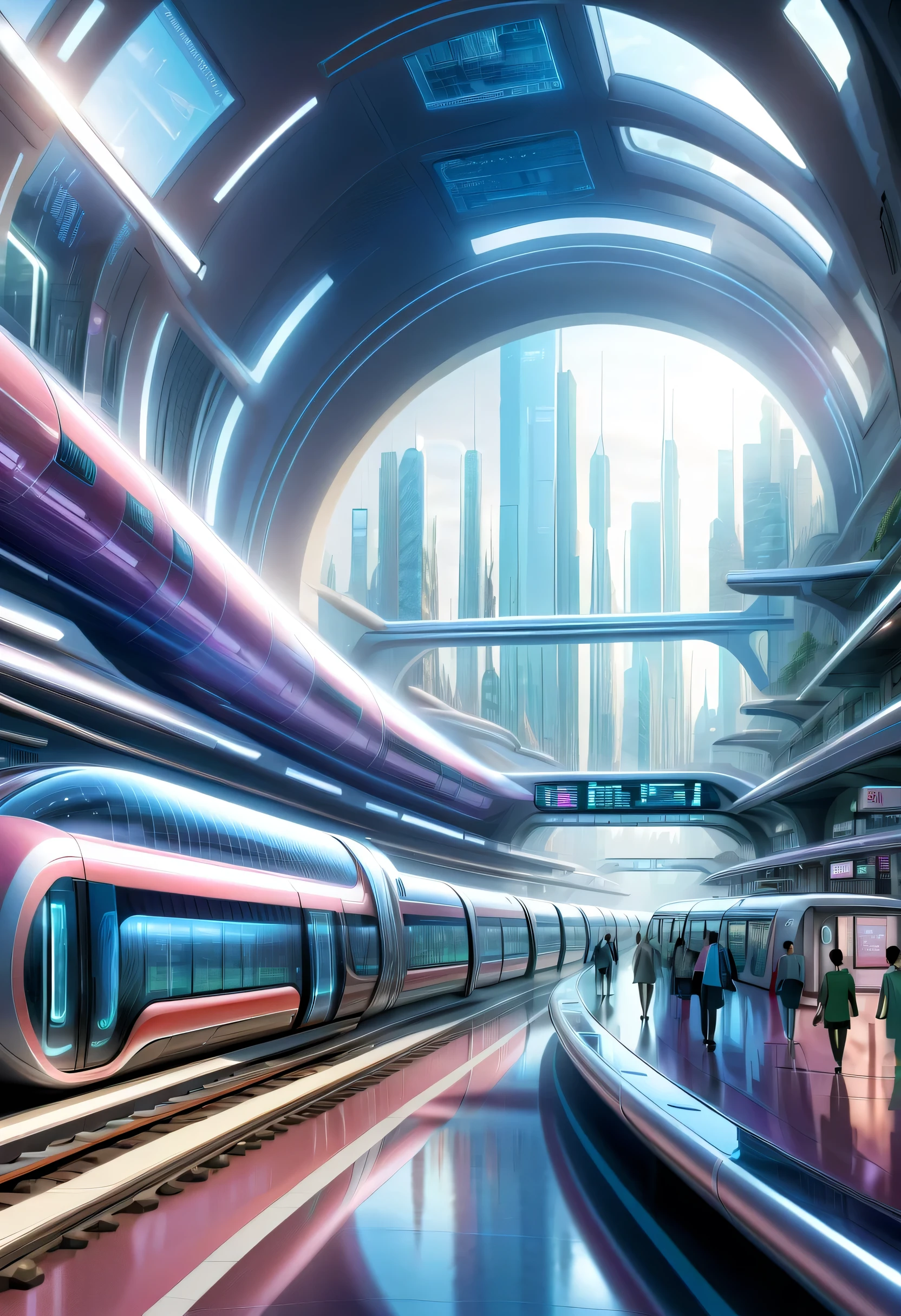 futuroの首都に駅を描く,Transparent Tube:múltiplo:Um trem está correndo lá dentro,futuro都市,estação terminal,múltiploの鉄道が接続する駅,futuro,estar familiarizado com