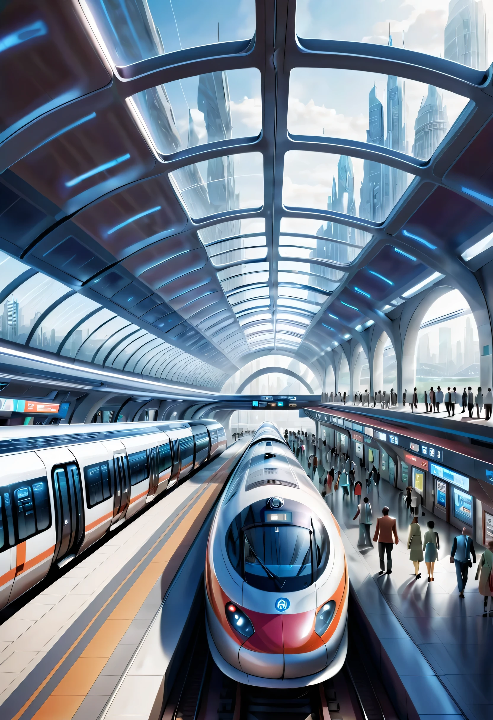 futureの首都に駅を描く,Transparent Tube:multiple:A train is running inside,future都市,terminal station,multipleの鉄道が接続する駅,future,be familiar with