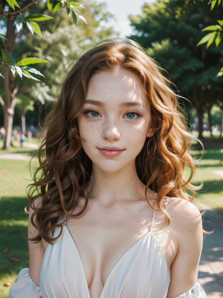 female, age 25, caucasian, pearly skin, freckles, small green eyes, high forehead, ginger wavy hair, wild hair, oval face, cute, highly detailed, sharp focus, stunningly beautiful, looking at camera, smile, sultry look, makeup, masterpiece, walking in the park