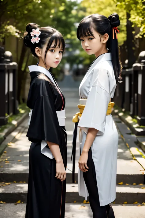 ((masterpiece,best quality)),2girls, black kimono, black legwear, black ribbon, black hair, cherry blossoms, day, flower, hair b...