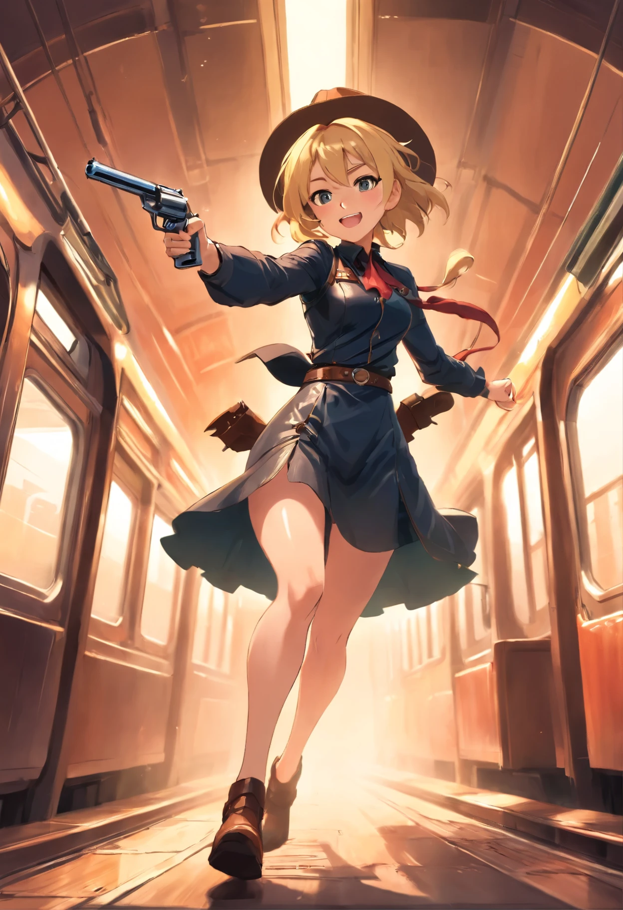 Anime girl with gun running down train platform in a hat - SeaArt AI