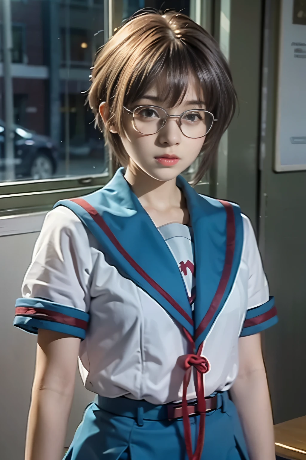 (table top, highest quality:1.2), 8k, official art, RAW photo,  glasses、(Upper body, sailor suit,:1.4), beautiful girl, idol face, pleated skirt, ,  big breasts　short sleeve,  cinematic lighting, detailed face, background bokeh, One girl is suspended by one leg from a rough rope.、tied with rope、tied up tightly、tie one&#39;s hands、hanging in shackles
