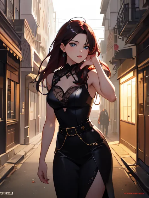 anime picture of a woman with blue eyes dark red hair, In a formal dress, standing in the back of a street, artgerm and atey gha...